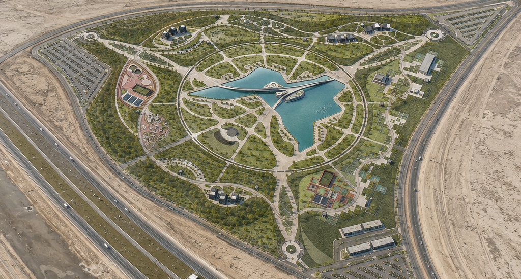 Aerial visualization of Basra Airport Park by Rudaini Design Studio, showing the triangular landscape masterplan, central Basra-shaped lake, pedestrian bridges, buildings, parking areas and surrounding airport highway context in Basra, Iraq.