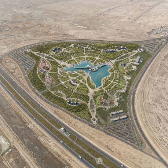Aerial visualization of Basra Airport Park by Rudaini Design Studio, showing the triangular landscape masterplan, central Basra-shaped lake, pedestrian bridges, buildings, parking areas and surrounding airport highway context in Basra, Iraq.