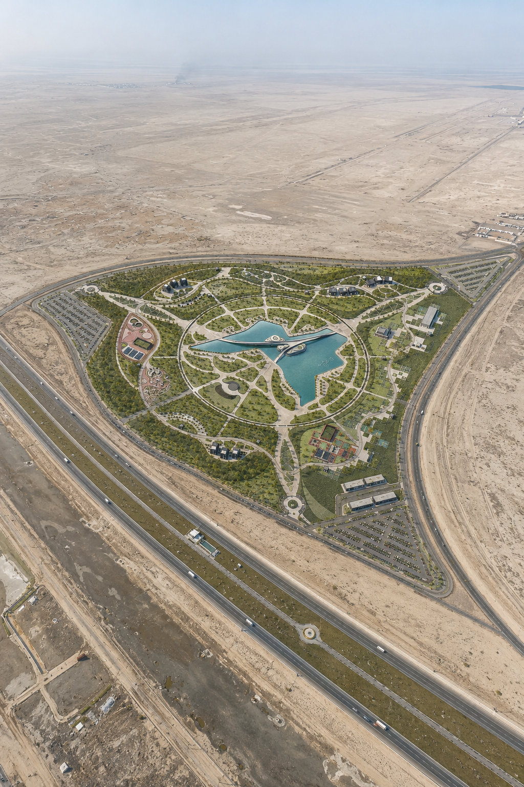 Aerial visualization of Basra Airport Park by Rudaini Design Studio, showing the triangular landscape masterplan, central Basra-shaped lake, pedestrian bridges, buildings, parking areas and surrounding airport highway context in Basra, Iraq.